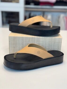 Tory Burch Beige Leather Platform Thong Sandals